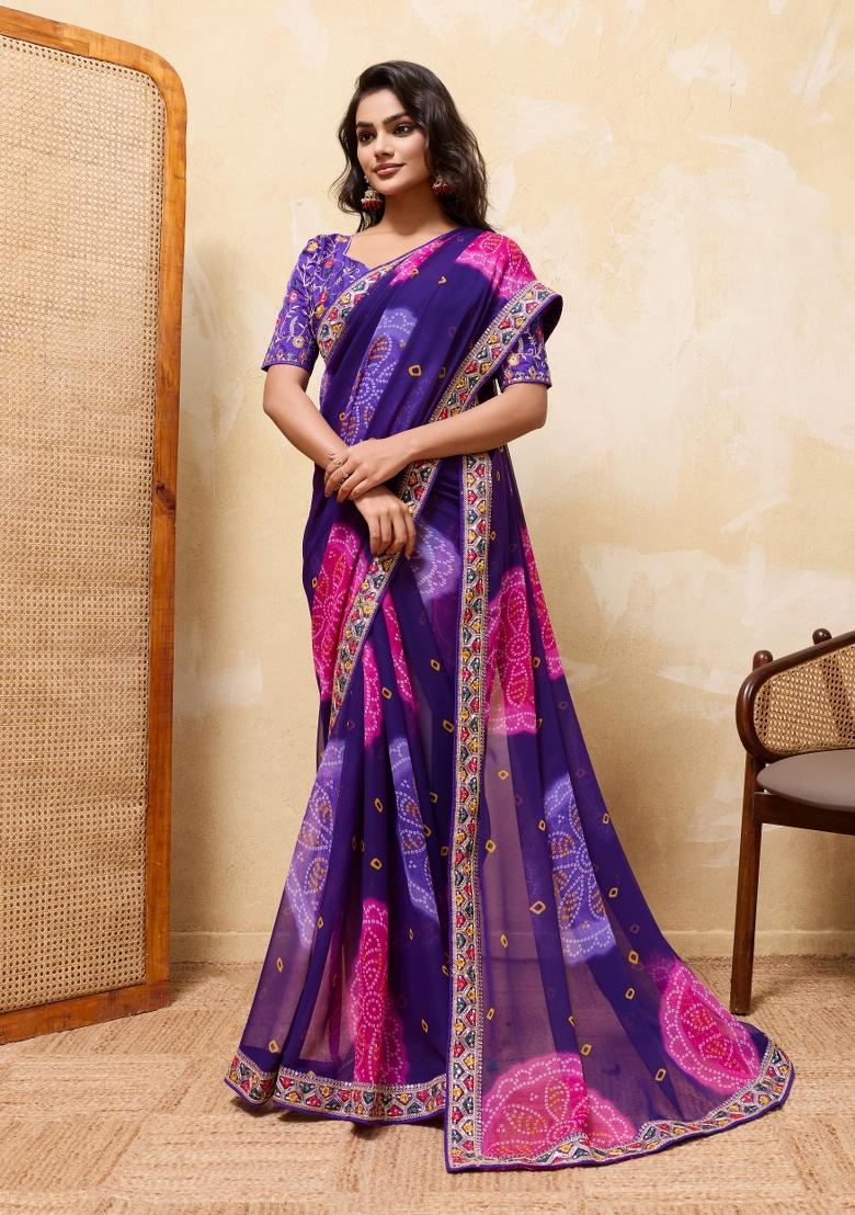 Blue Embroidery Georgette Saree Set - Indya