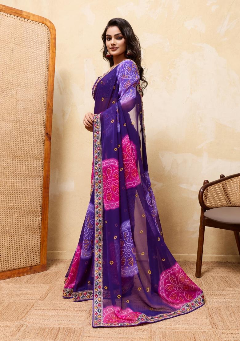 Blue Embroidery Georgette Saree Set - Indya
