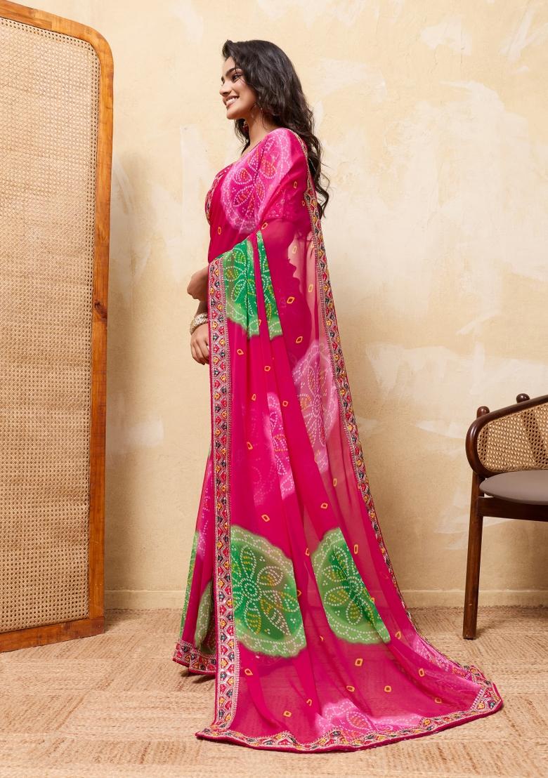 Pink Embroidery Georgette Saree Set - Indya