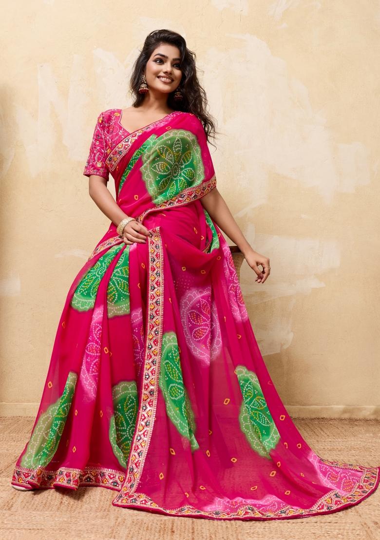 Pink Embroidery Georgette Saree Set - Indya