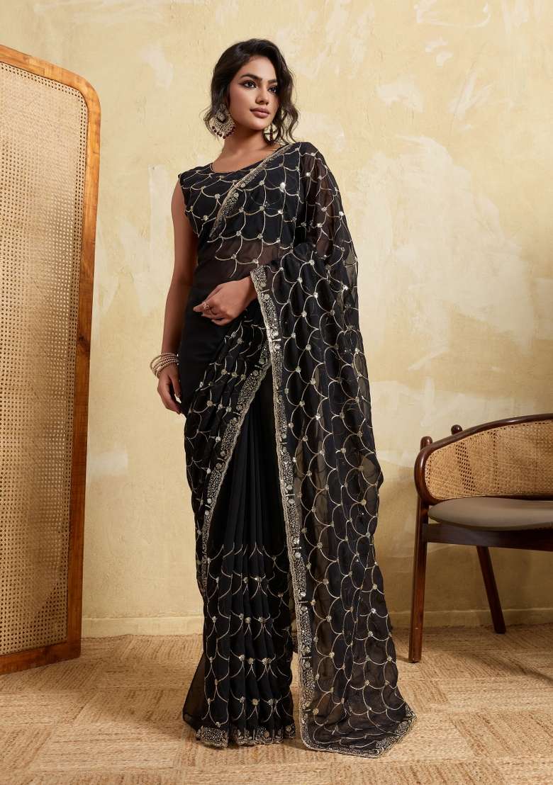 Black Georgette Saree Set with Embroidery for Diwali | Wedding & Festive Wear - Indya