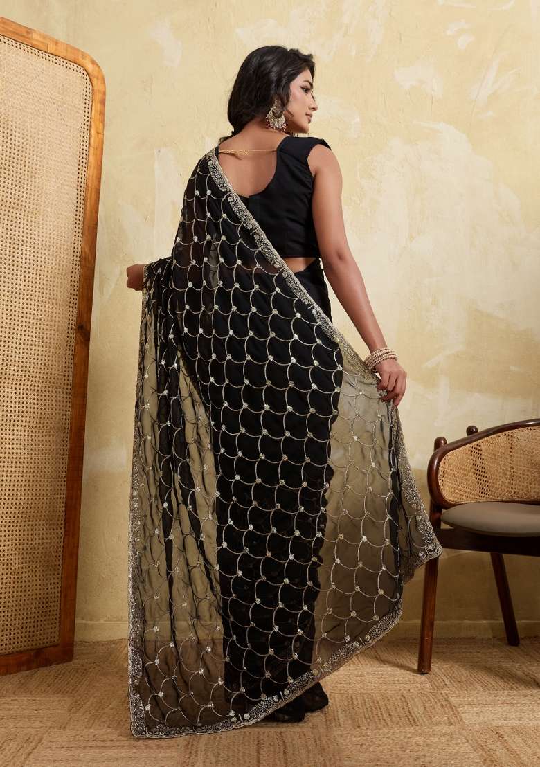 Black Georgette Saree Set with Embroidery for Diwali | Wedding & Festive Wear - Indya