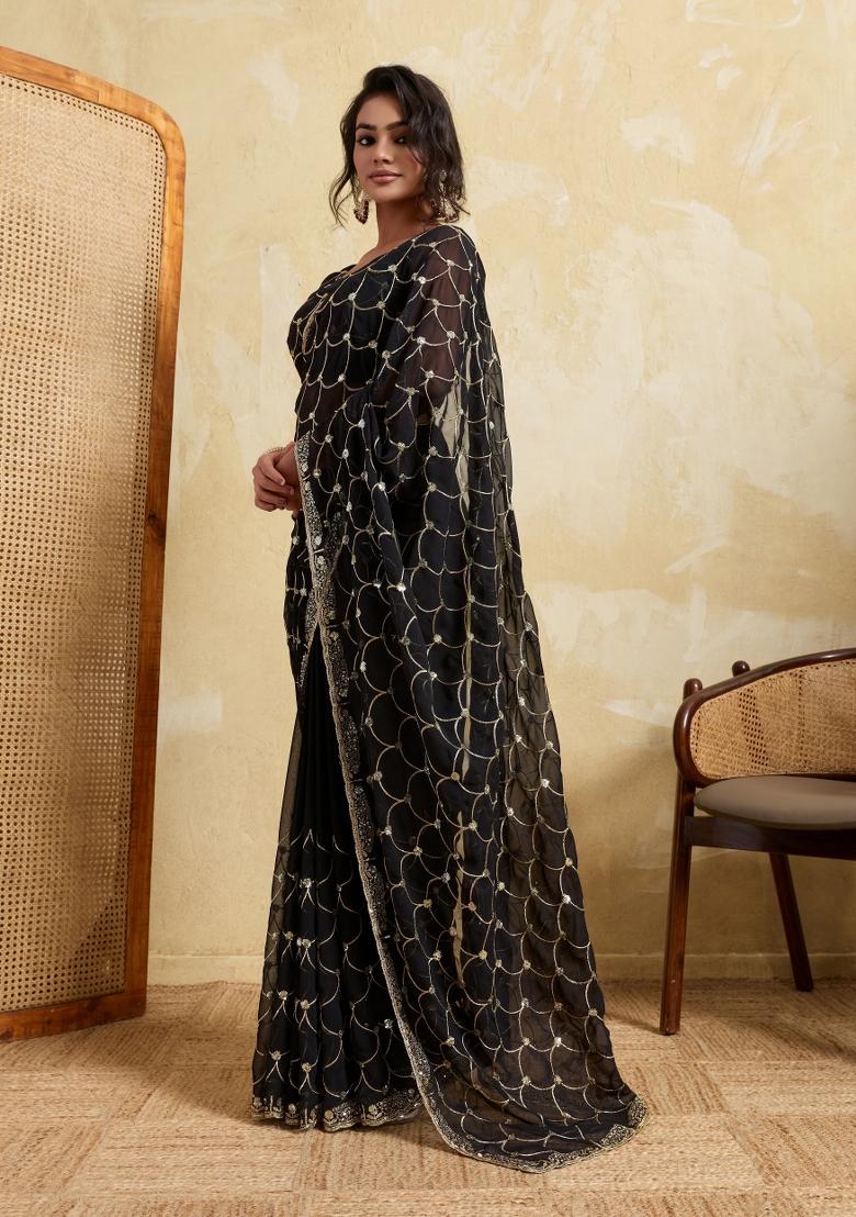 Black Embroidery Georgette Saree Set - Indya