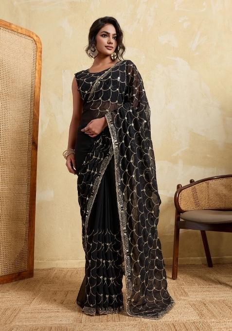 Black Embroidery Georgette Saree Set
