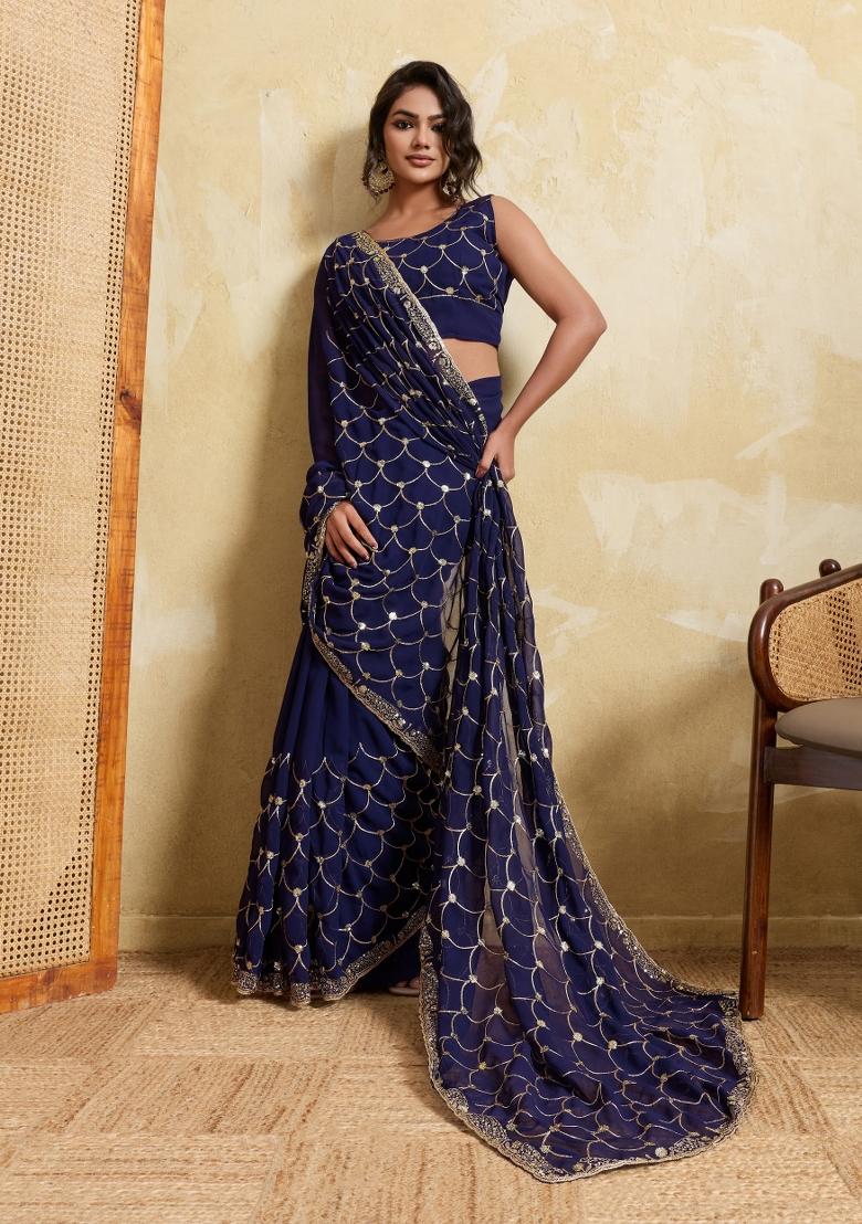 Blue Embroidery Georgette Saree Set - Indya