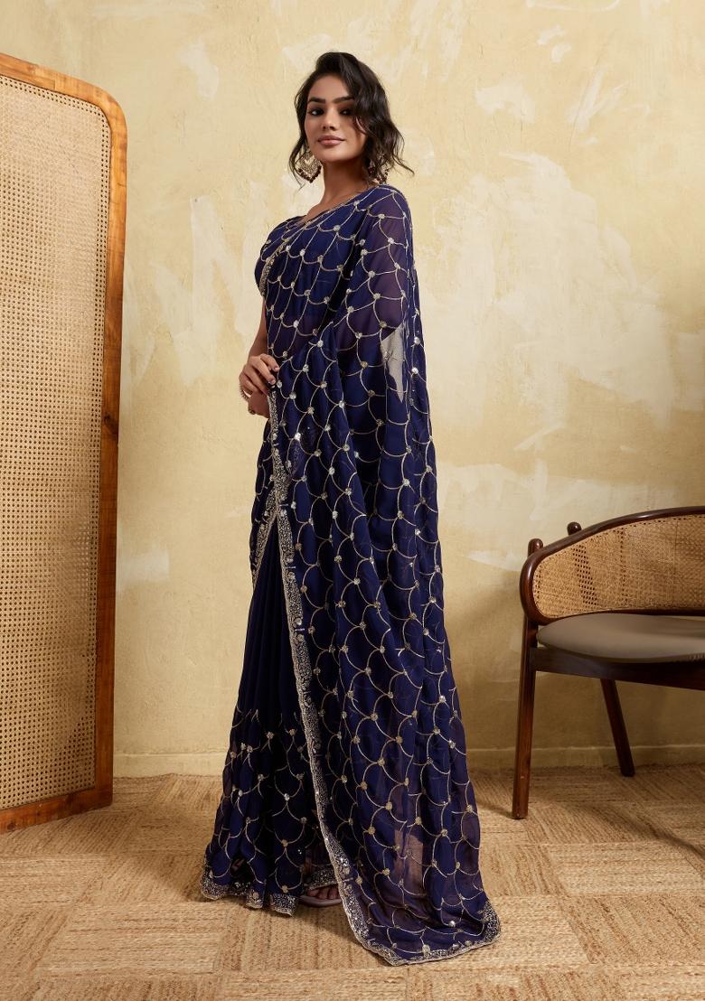 Blue Embroidery Georgette Saree Set - Indya