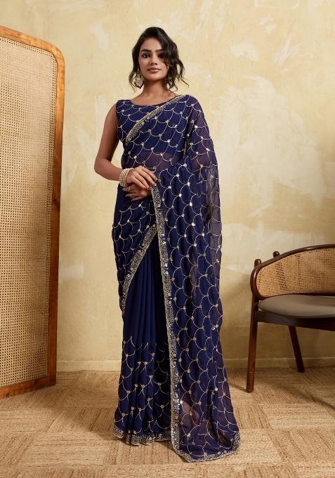 Blue Embroidery Georgette Saree Set — view on Indya