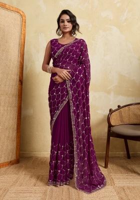 Wine Embroidery Georgette Saree Set