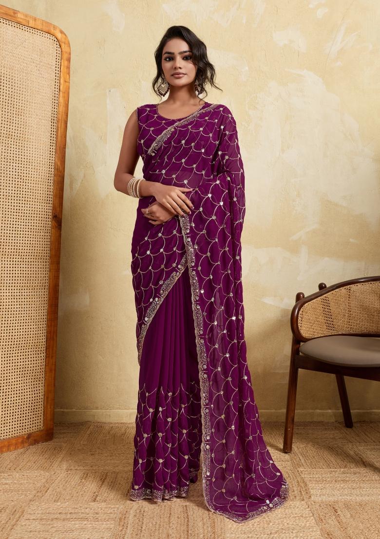 Wine Embroidery Georgette Saree Set - Indya