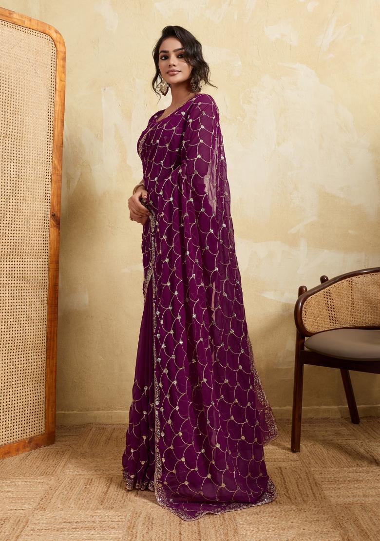 Wine Embroidery Georgette Saree Set - Indya