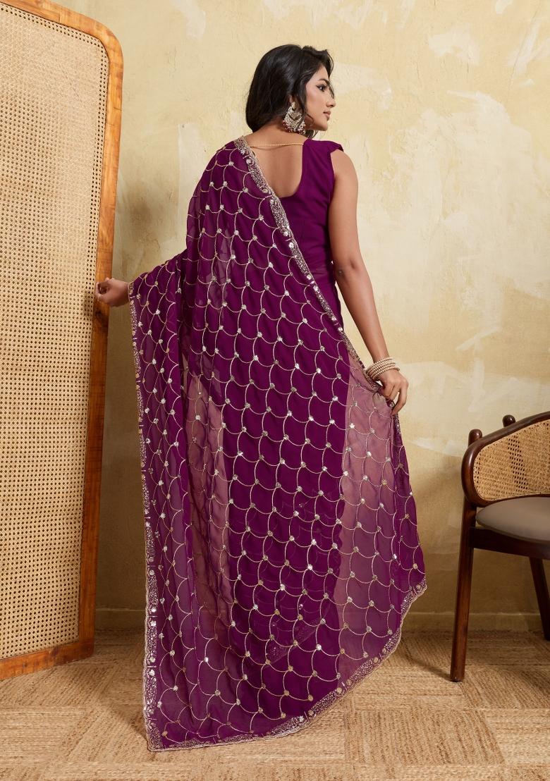 Wine Embroidery Georgette Saree Set - Indya
