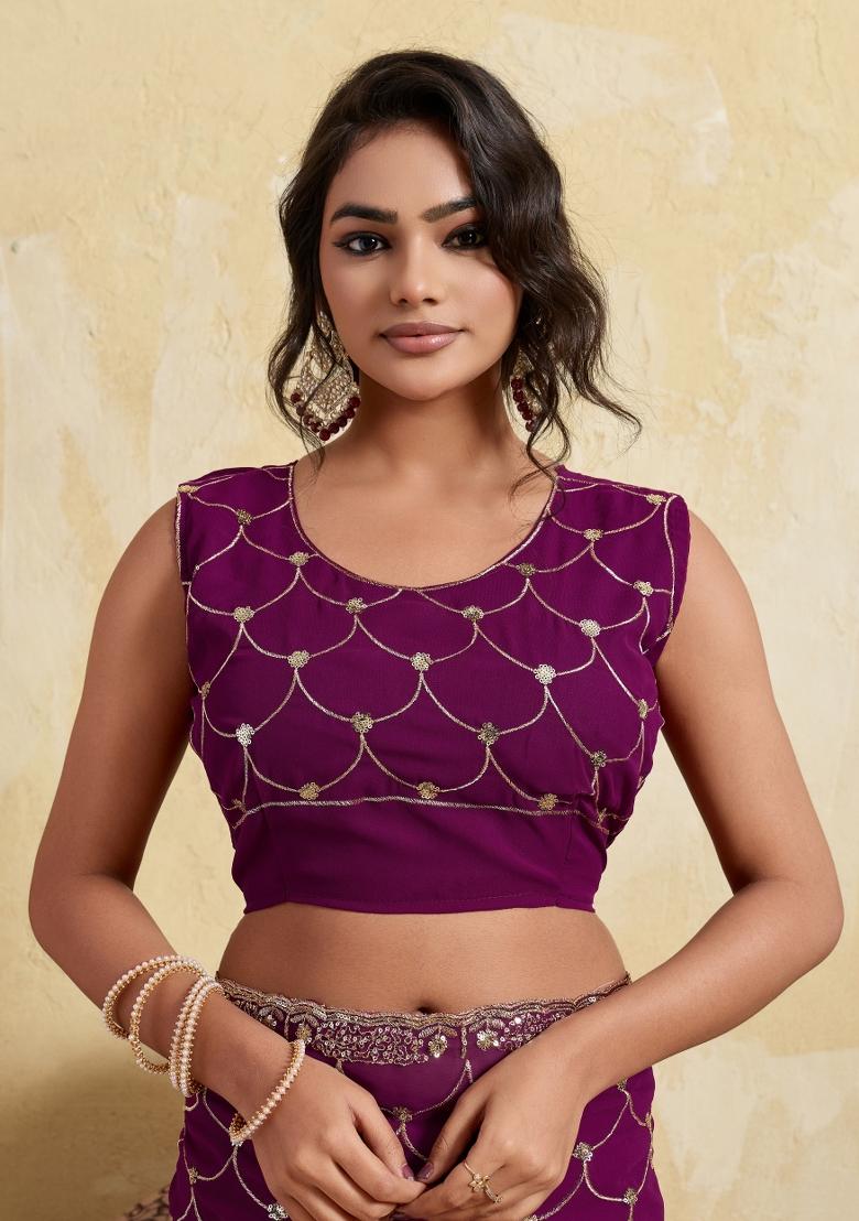 Wine Embroidery Georgette Saree Set - Indya