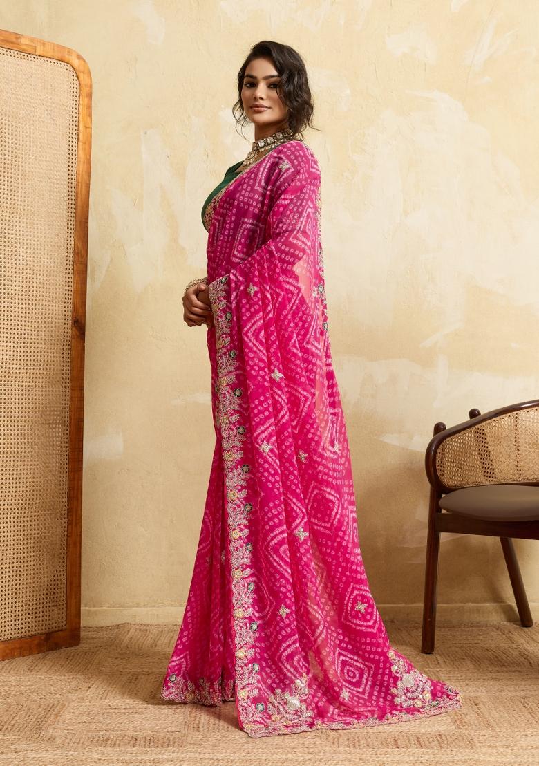 Pink Embroidery Georgette Saree Set - Indya
