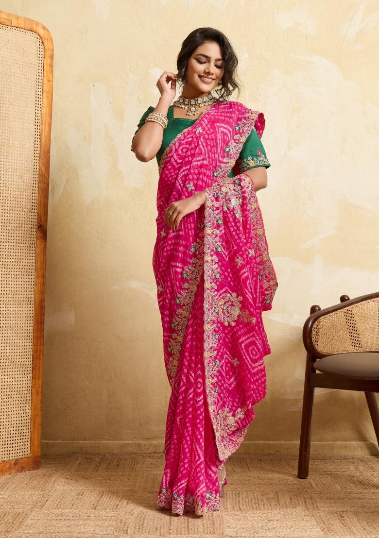 Pink Embroidery Georgette Saree Set - Indya