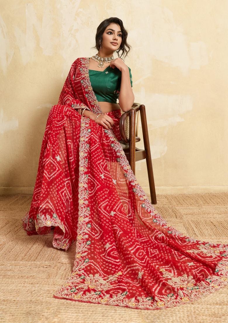 Red Embroidery Georgette Saree Set - Indya