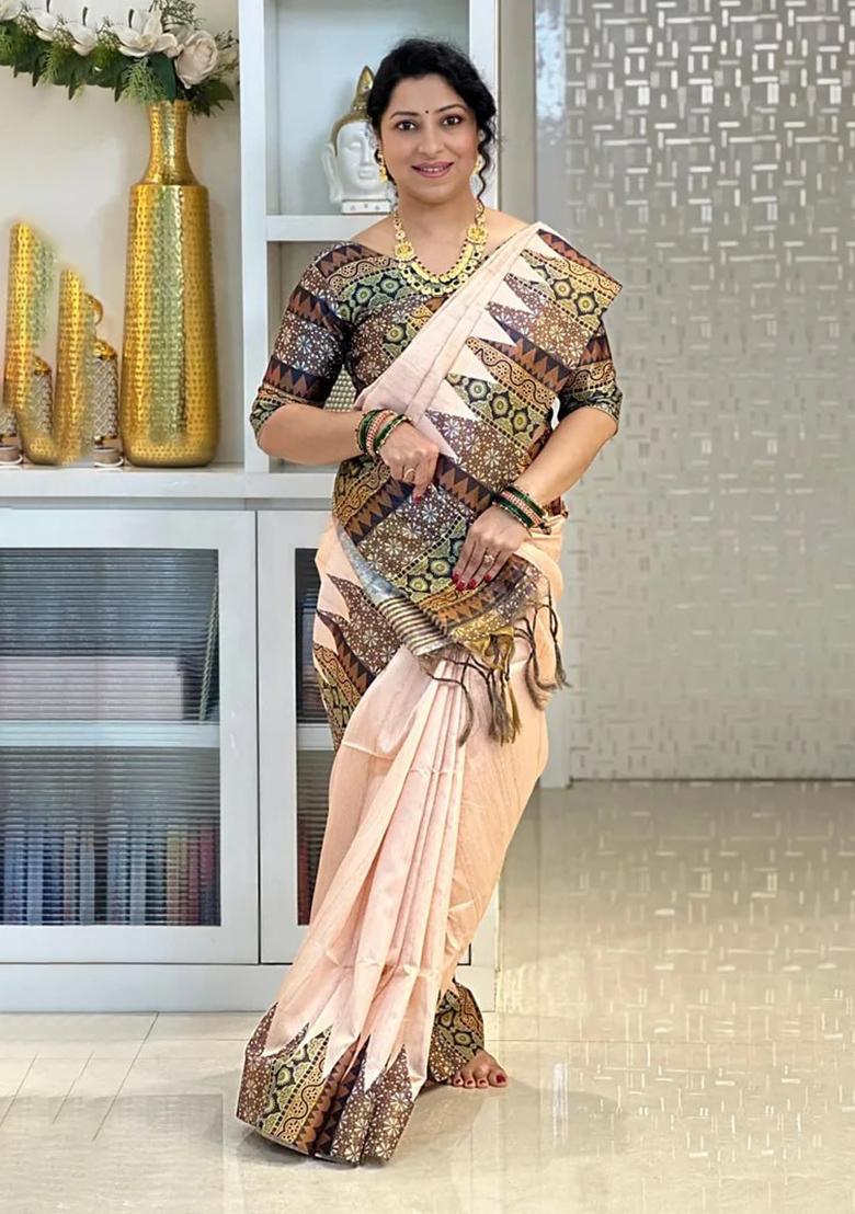 Black Printed Silk Saree Set - Indya