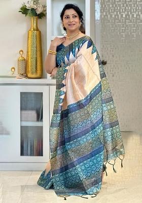 Blue Printed Silk Saree Set