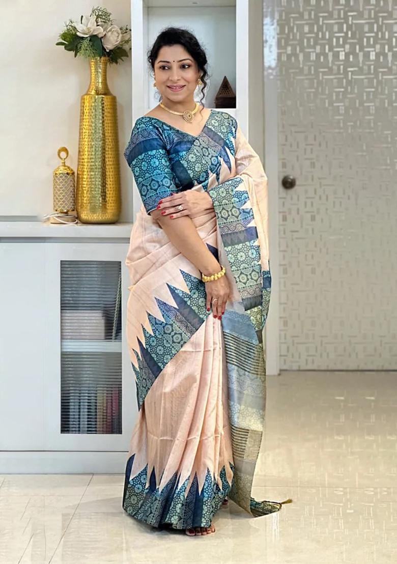 Blue Printed Silk Saree Set - Indya
