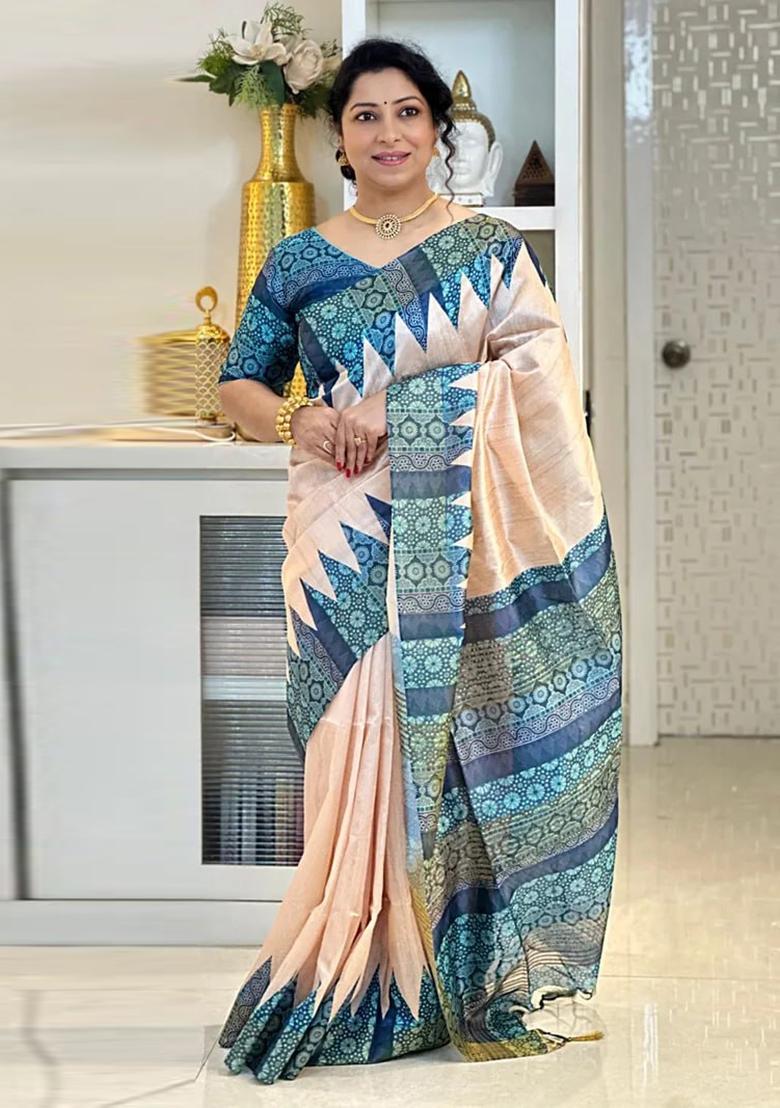 Blue Printed Silk Saree Set - Indya