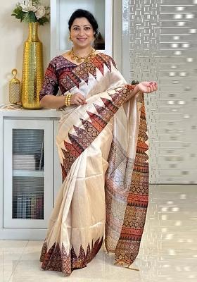 Orange Printed Silk Saree Set