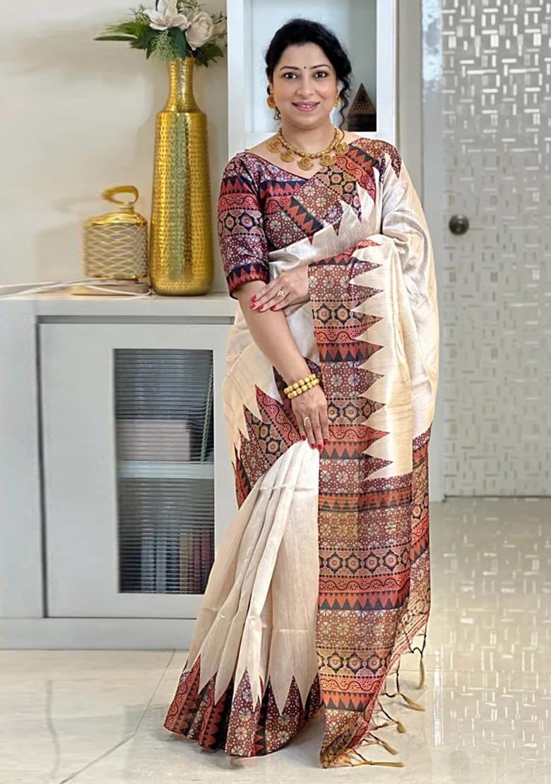 Orange Printed Silk Saree Set - Indya