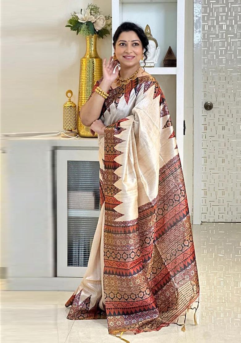 Orange Printed Silk Saree Set - Indya