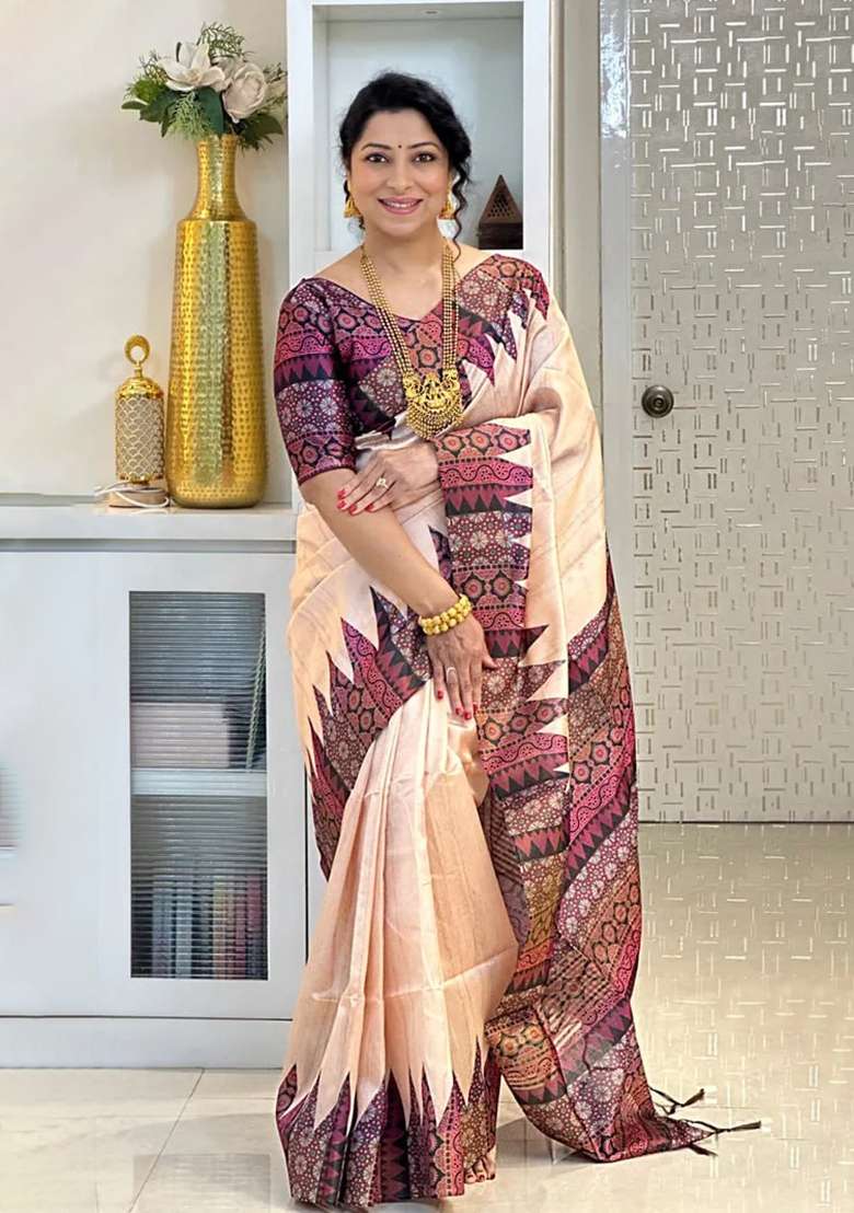 Wine Printed Silk Blend Saree Set - Indya