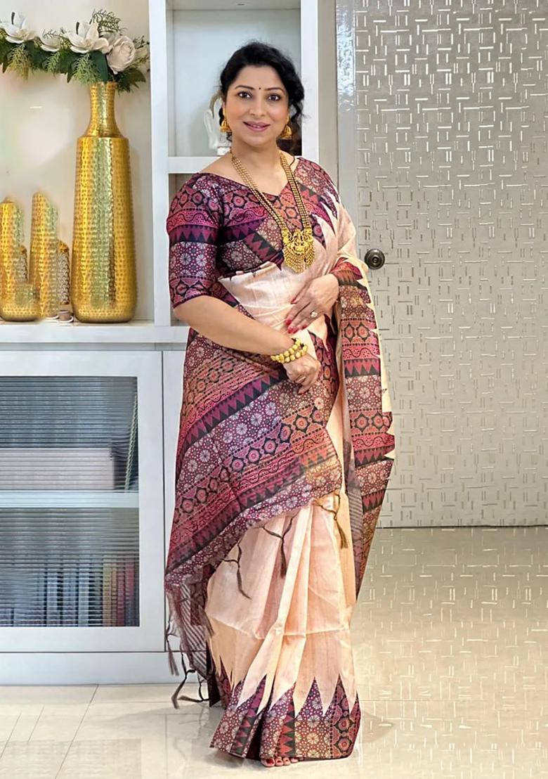 Wine Printed Silk Saree Set - Indya