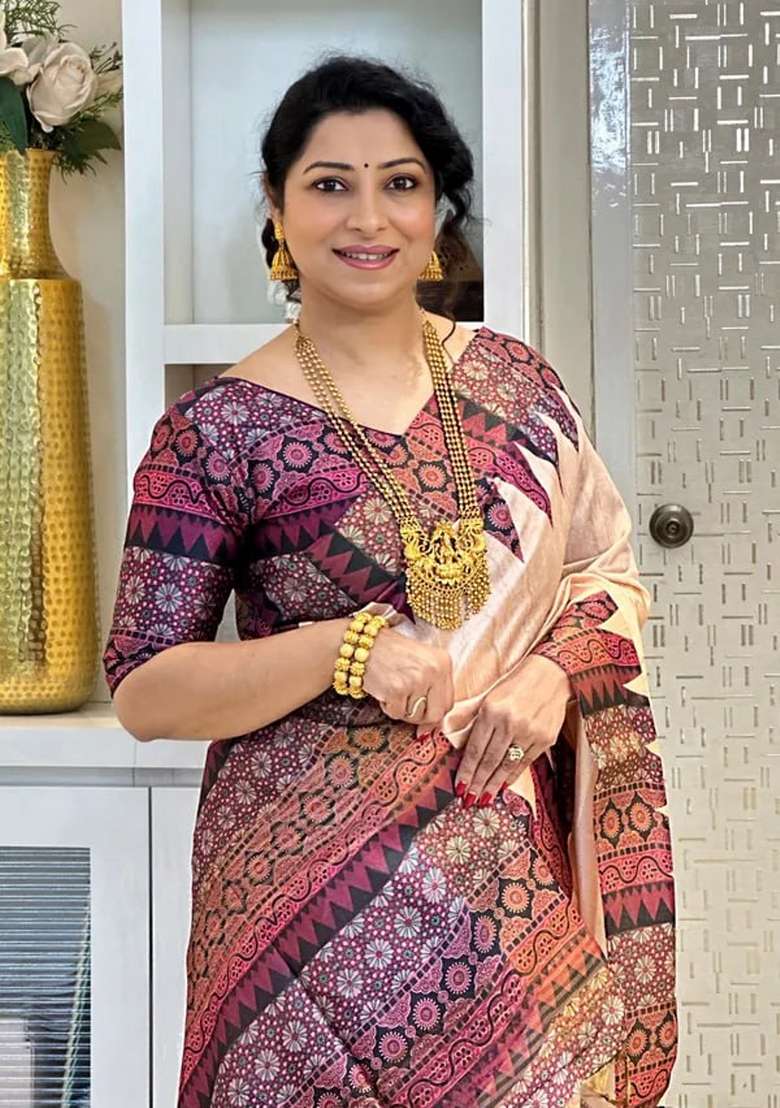 Wine Printed Silk Blend Saree Set - Indya