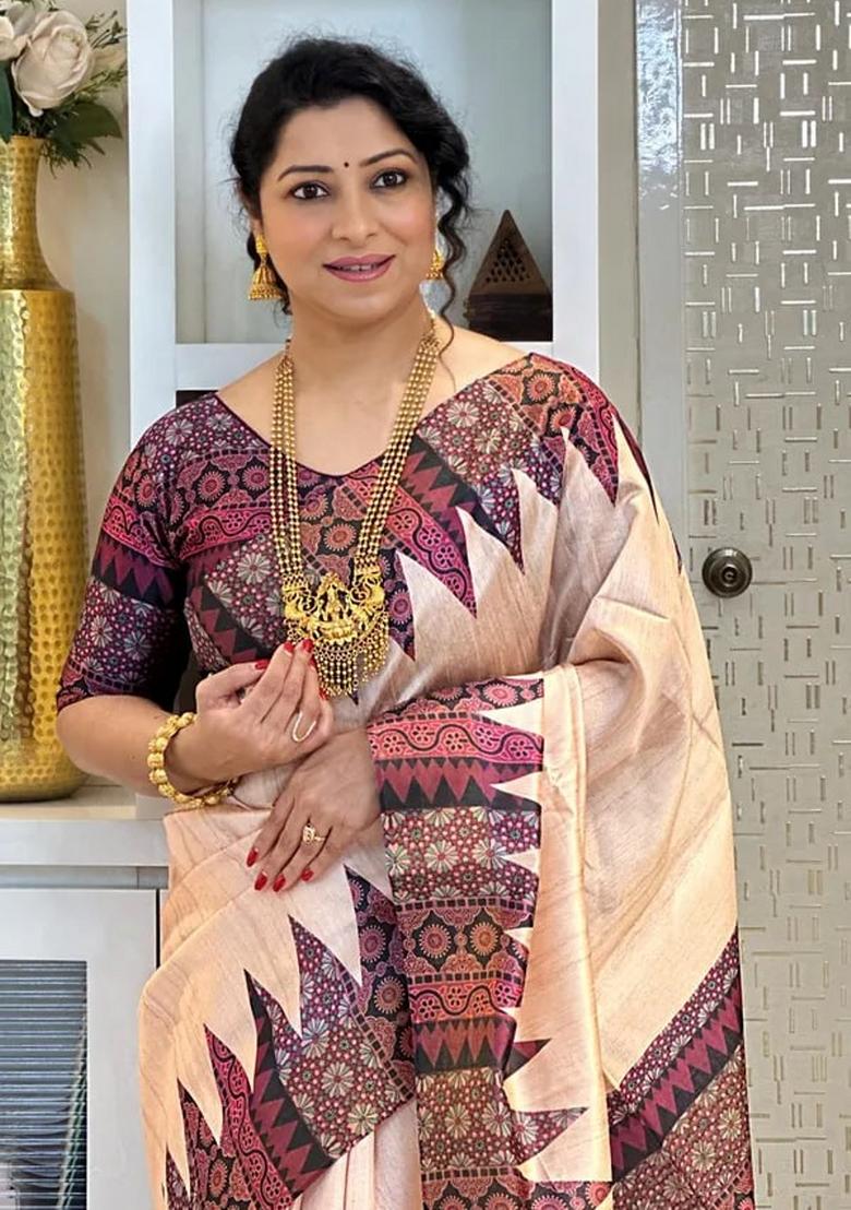 Wine Printed Silk Saree Set - Indya