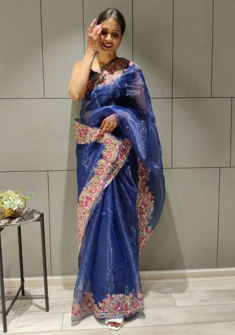 Orange Embroidery Silk Saree Set - Indya