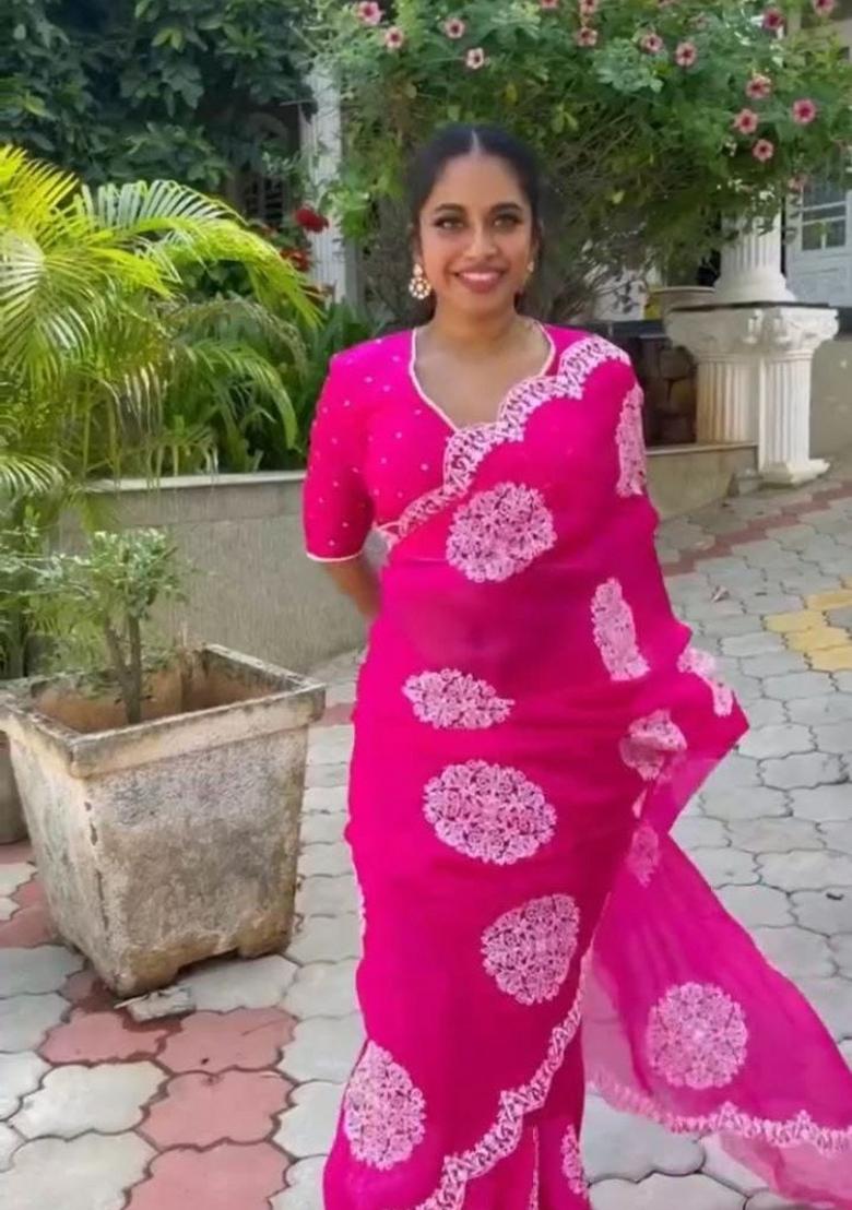 Pink Embroidery Silk Saree Set - Indya