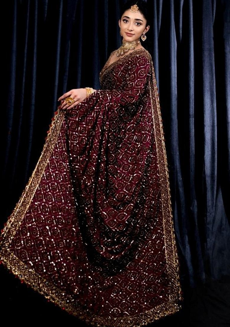 Maroon Sequin Silk Saree Set - Indya