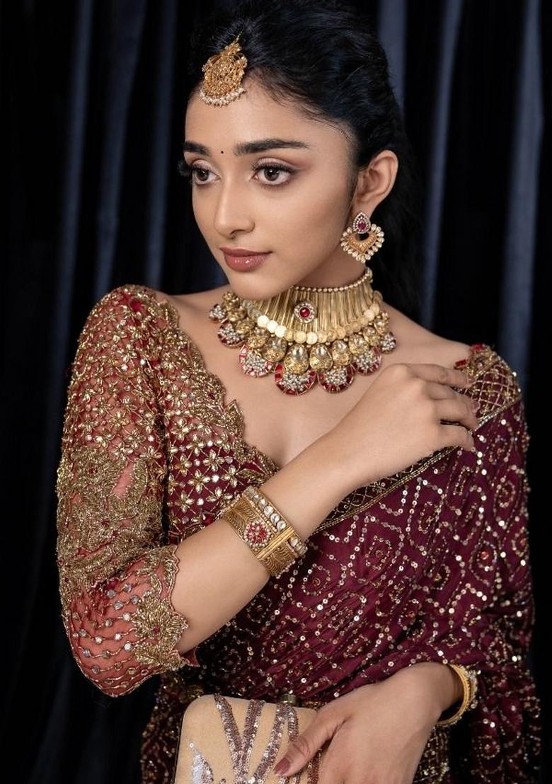 Maroon Sequin Silk Saree Set - Indya