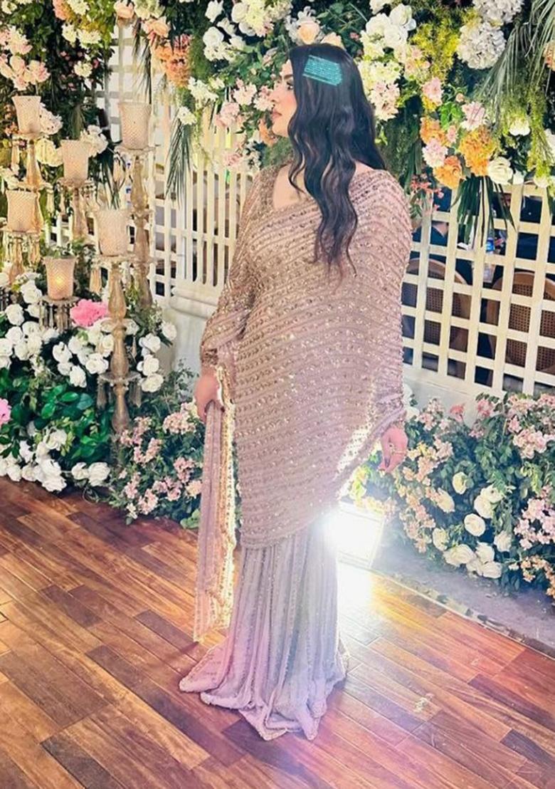 Golden Sequin Net Saree Set - Indya