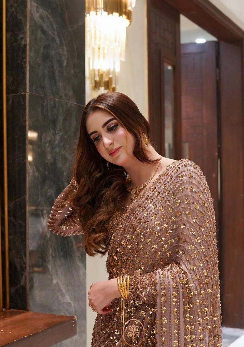 Golden Sequin Net Saree Set - Indya