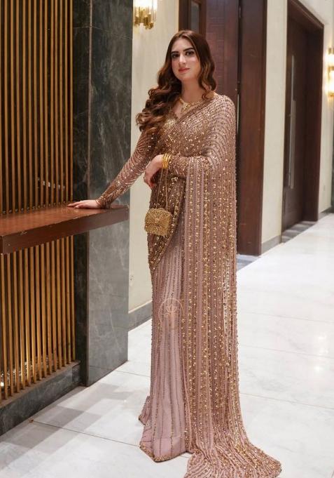 Golden Sequin Net Saree Set — view on Indya
