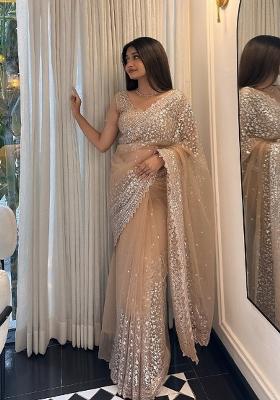Golden Sequin Net Saree Set