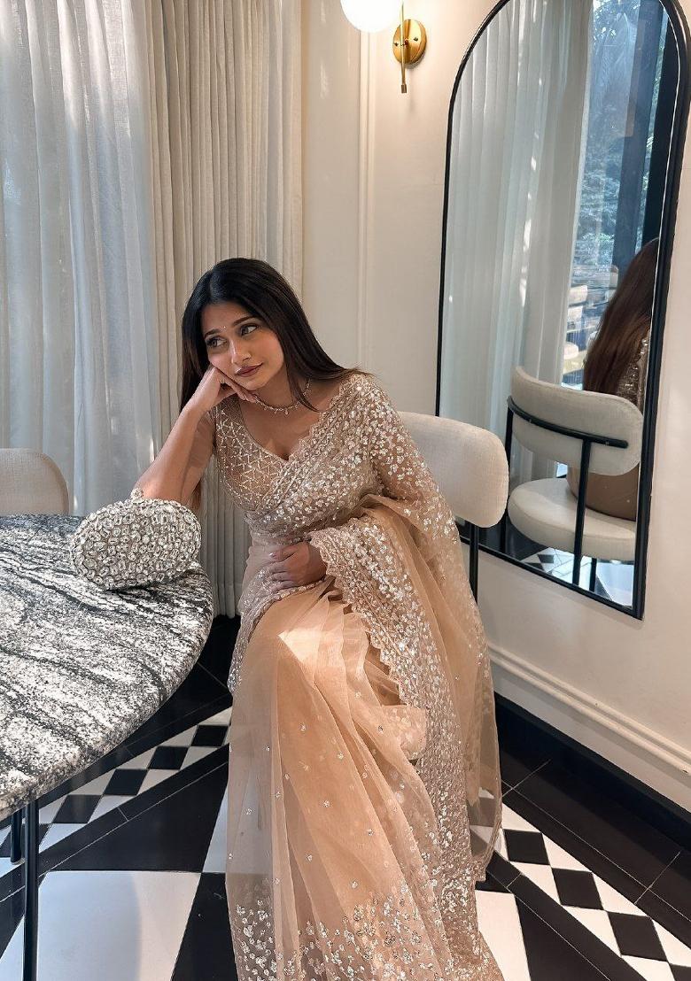 Golden Sequin Net Saree Set - Indya