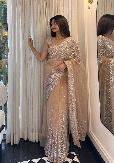 Golden Sequin Net Saree Set — view on Indya