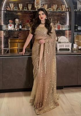 Golden Embroidery Net Saree Set