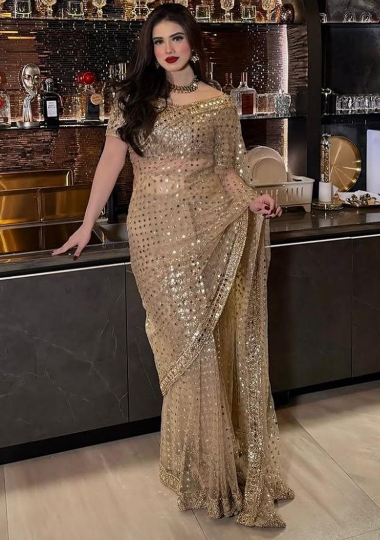 Golden Embroidery Net Saree Set - Indya