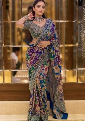 Blue Mirror Work Silk Saree Set