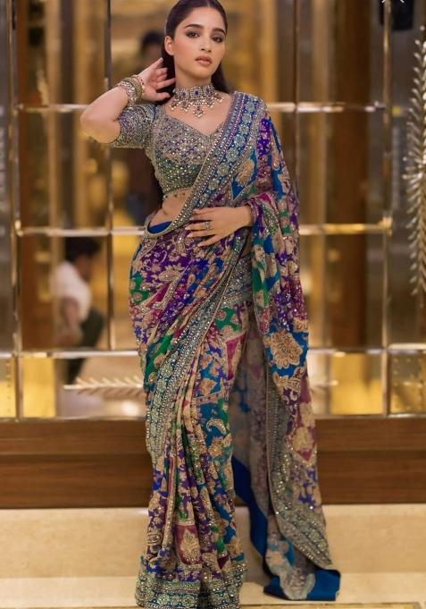 Blue Mirror Work Silk Saree Set — view on Indya