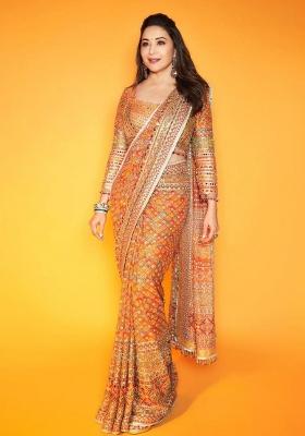 Yellow Mirror Work Silk Saree Set