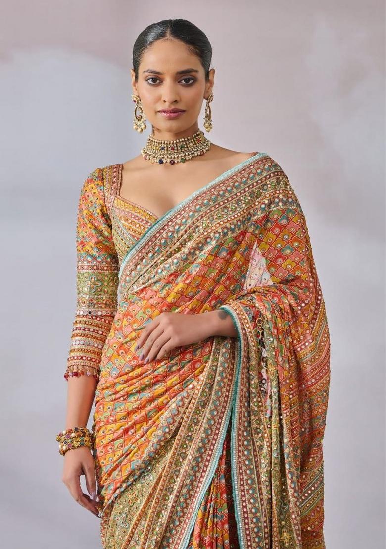 Yellow Mirror Work Silk Saree Set - Indya