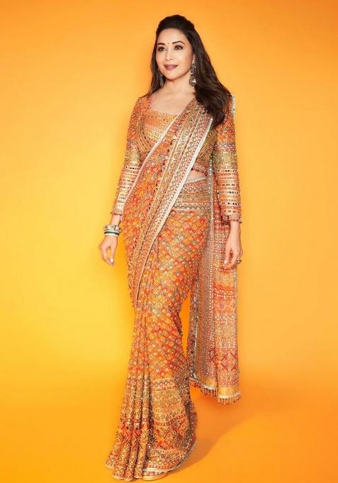 Yellow Mirror Work Silk Saree Set — view on Indya