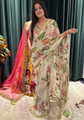 Off White Mirror Work Silk Saree Set