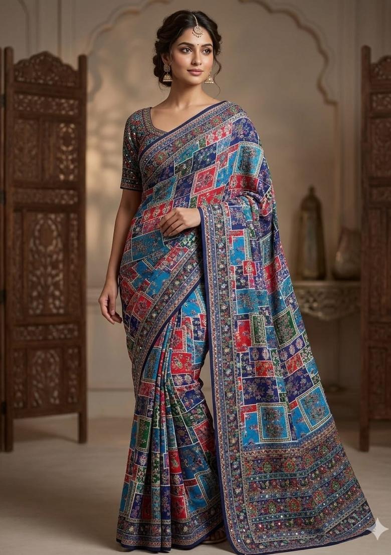 Blue Mirror Work Silk Saree Set - Indya