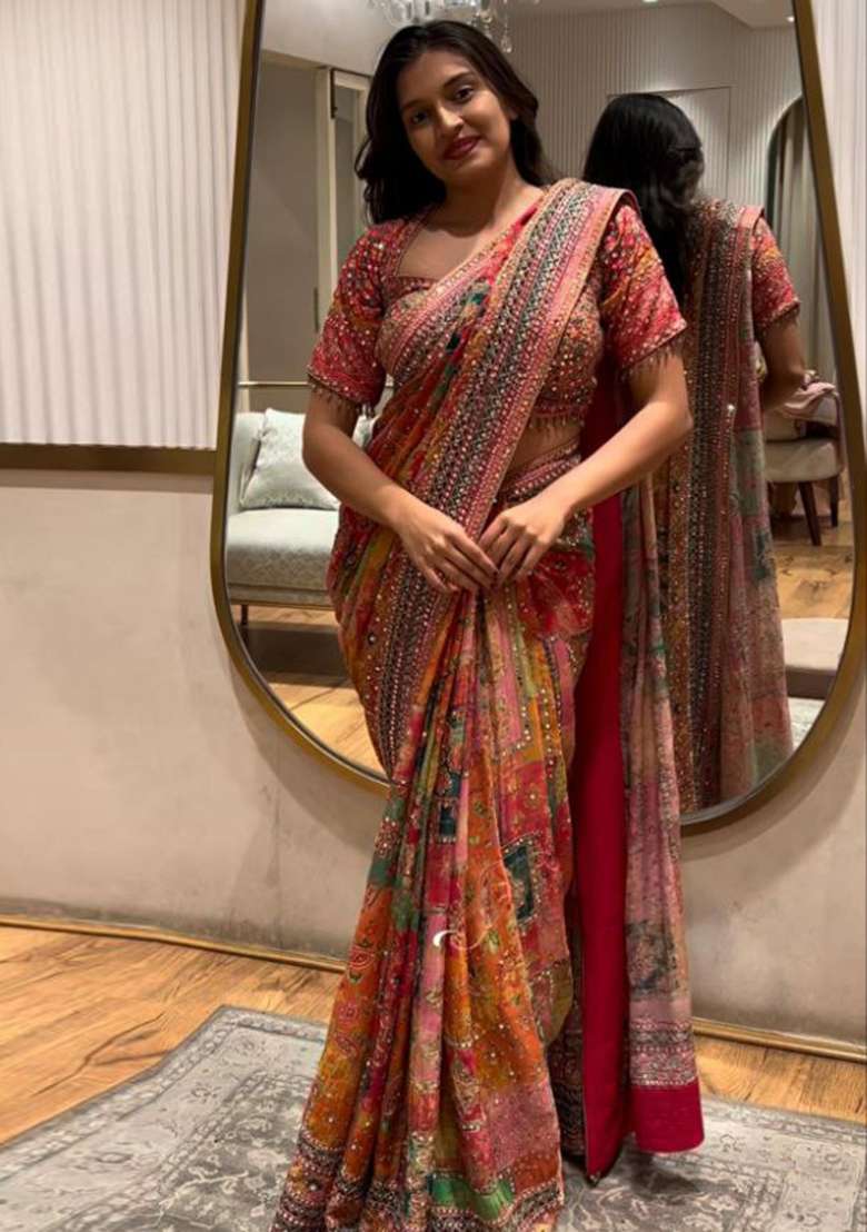 Brick Red Mirror Work Silk Blend Saree Set for Diwali and Festive Wear - Indya